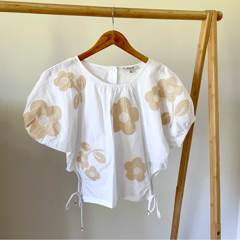 NWT Madewell Poplin Gingham Embroidered Flower Puff Sleeve Cut Out Top in White